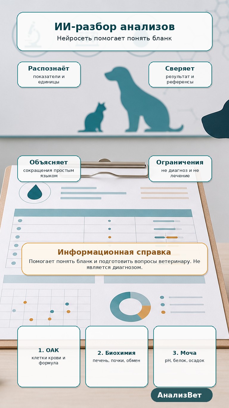 Инфографика АнализВет: ИИ-расшифровка анализов питомца, показатели и вопросы ветеринару